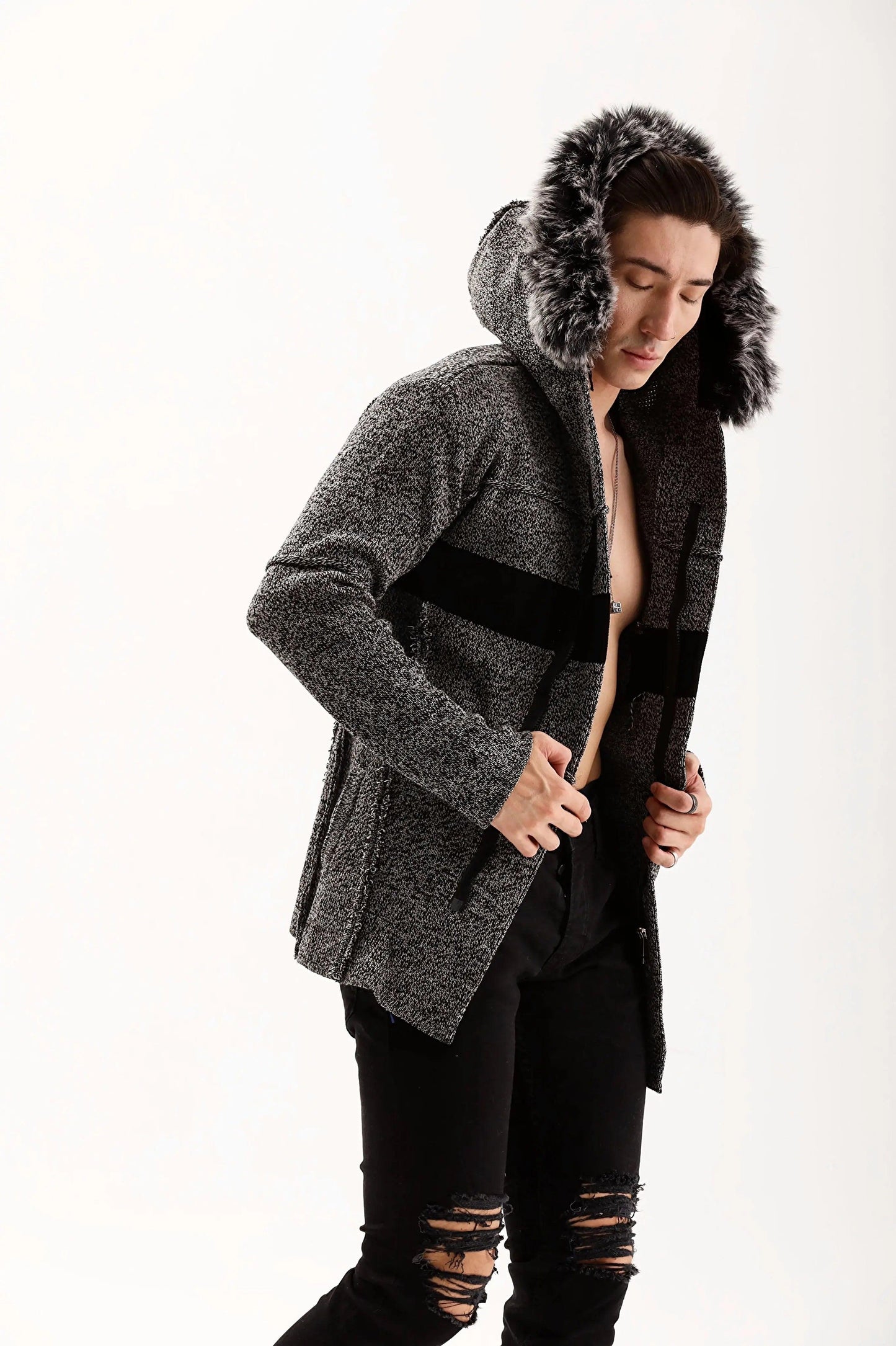 Men's Grey Fur Hooded Zip Up Cardigan THIMOON®