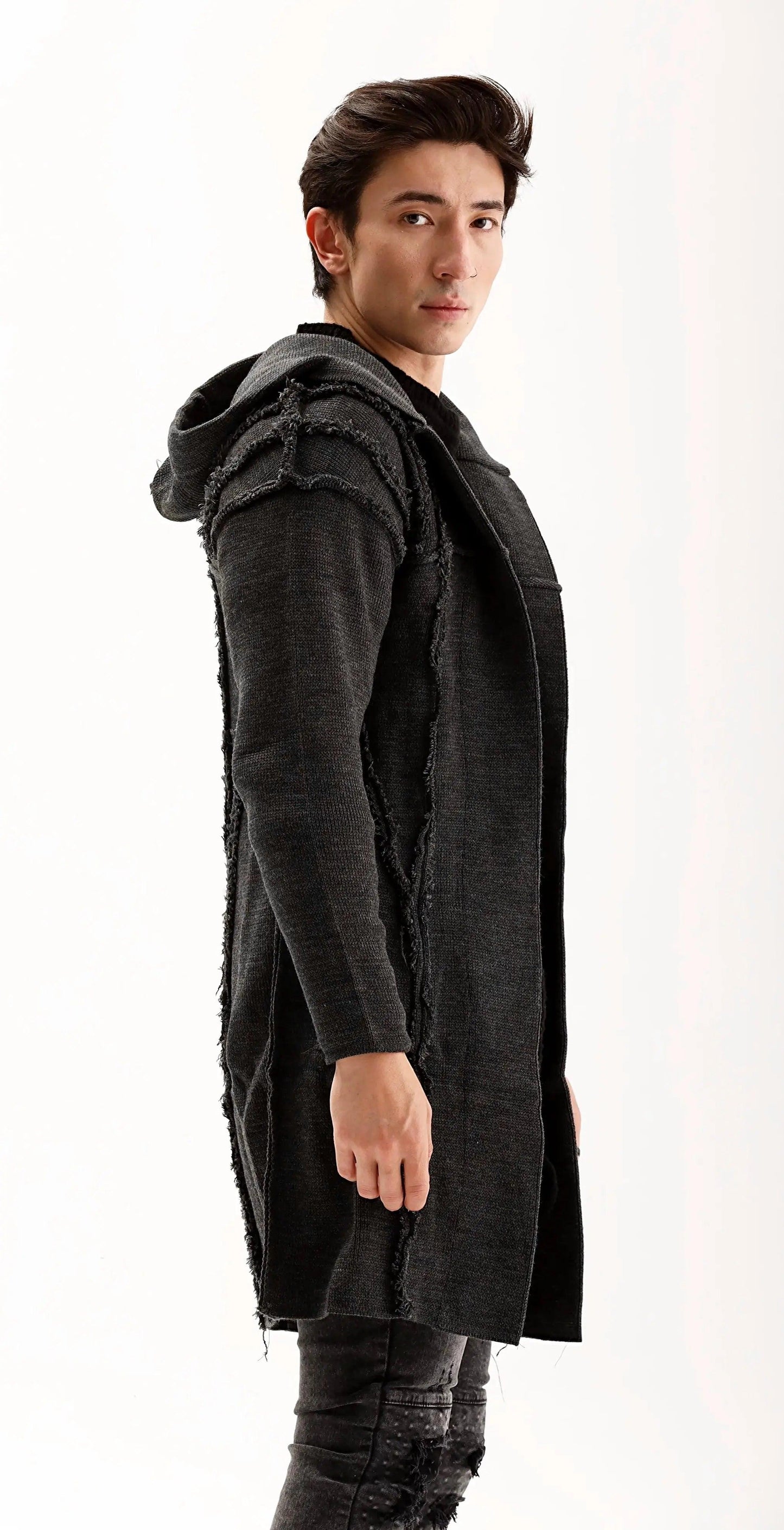 Men's Grey Long Open Front Hooded Cardigan THIMOON®