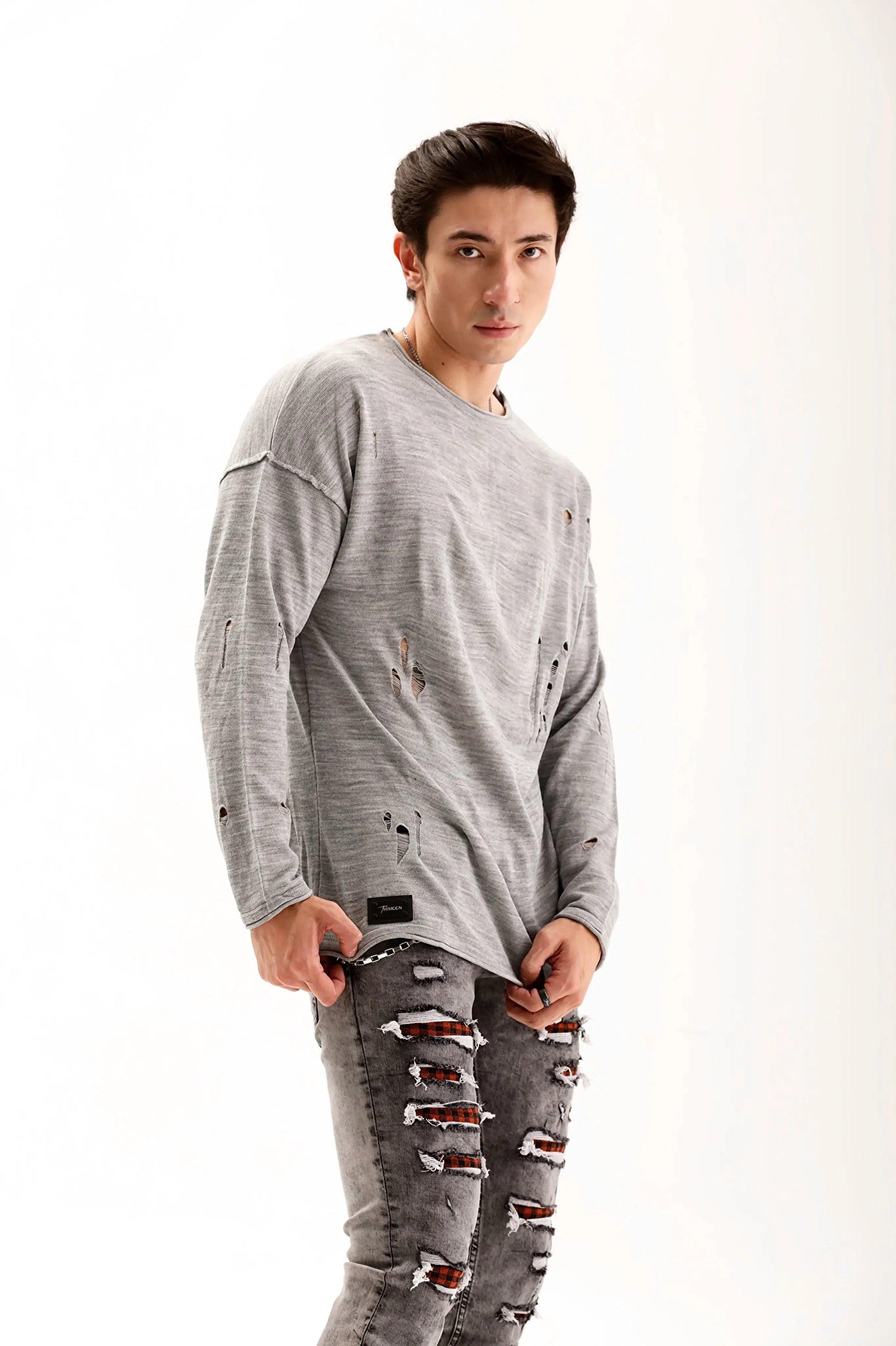 Men's Grey Oversized Ripped Crew Neck Sweater THIMOON®