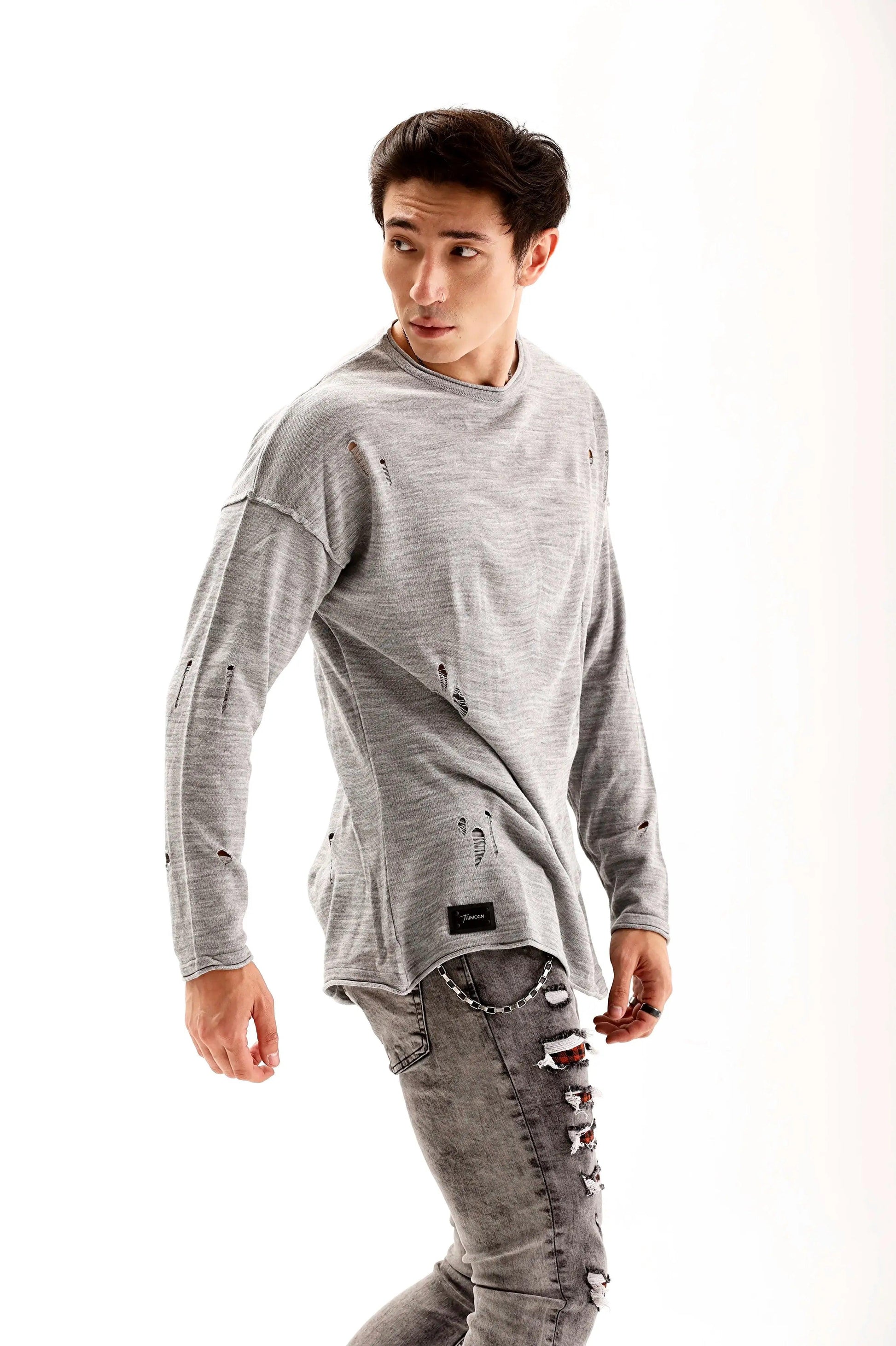 Men's Grey Oversized Ripped Crew Neck Sweater THIMOON®