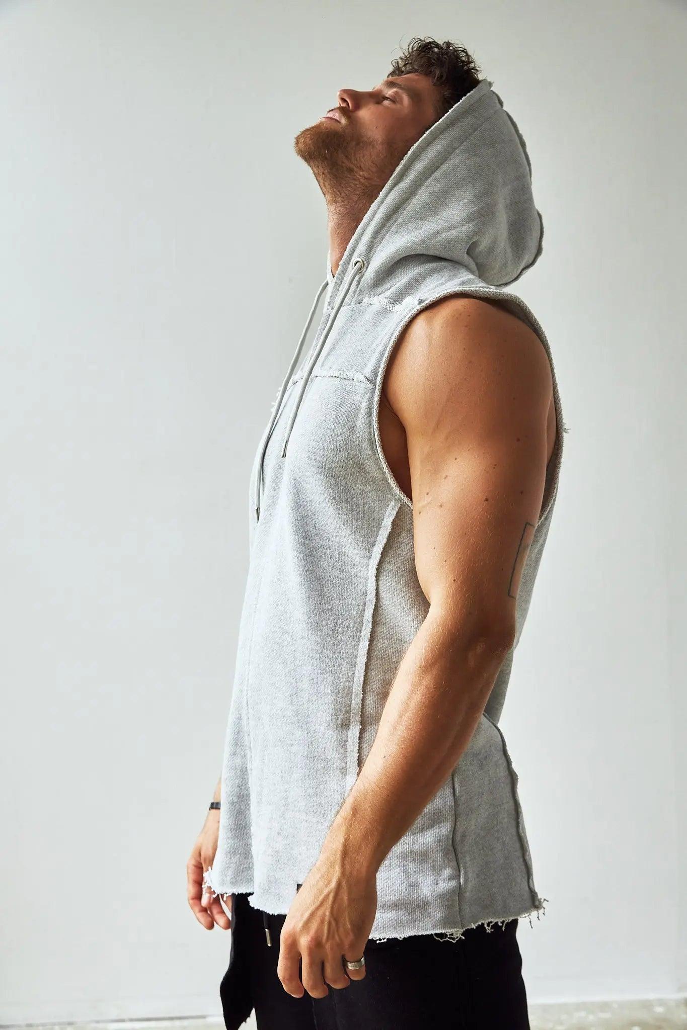 Men's Grey Sleeveless Cotton Hoodie THIMOON®