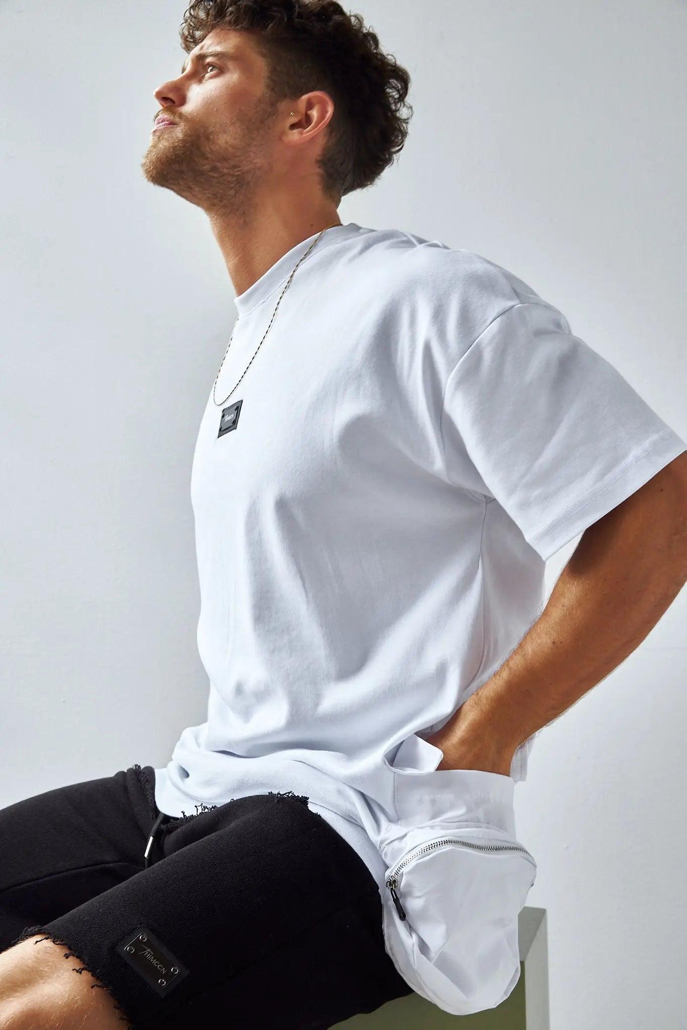 Men's White Cotton T-Shirt with Side Pockets THIMOON®